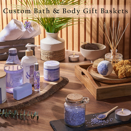 Custom Bath and Body Gift Baskets. Create a tailored gift filled with their favorite spa items, delicious treats, and optional bottles of wine or champagne - America Baskets