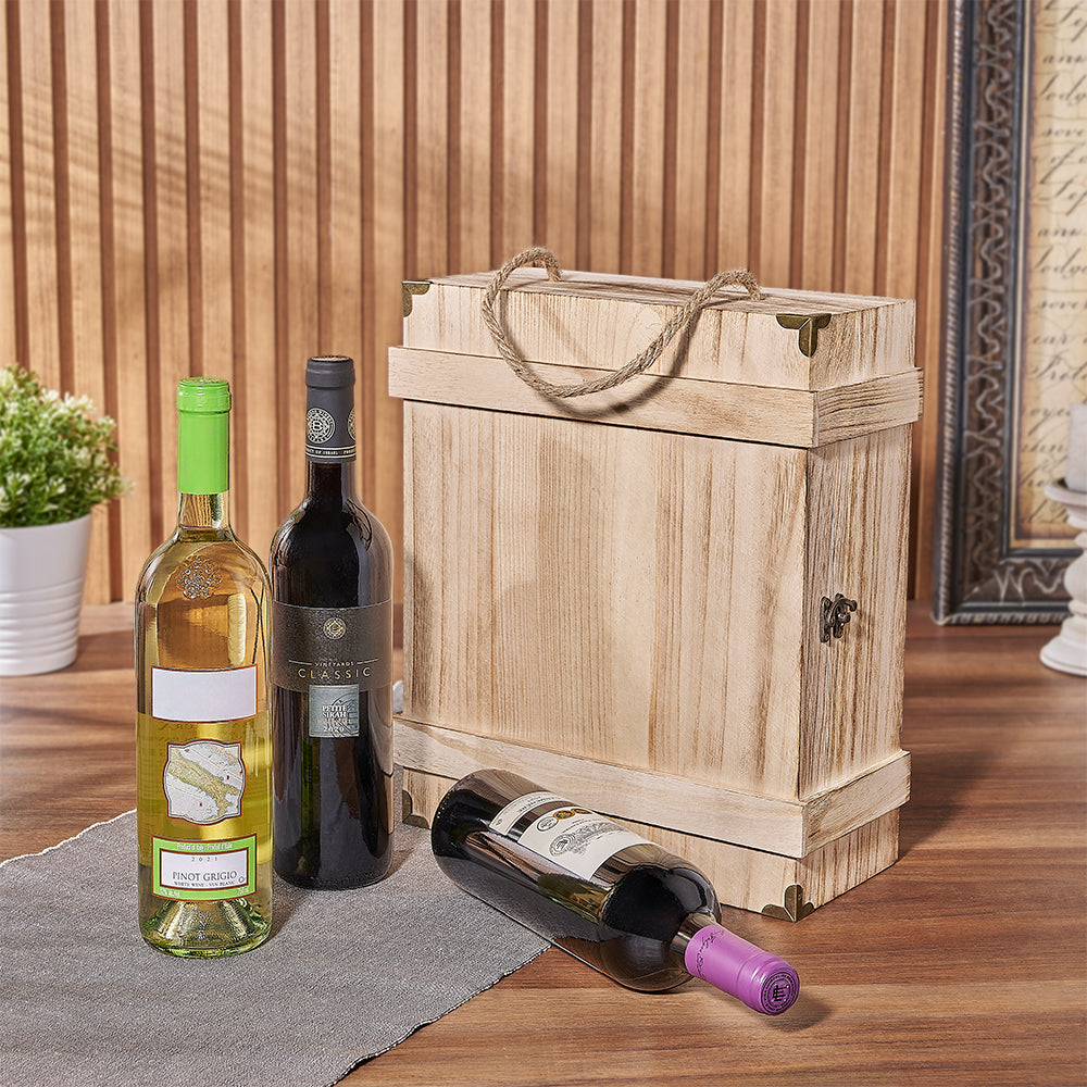 Premium 3-Bottle Kosher Wine Gift Basket with Wooden Wine Box – how the gift is presented