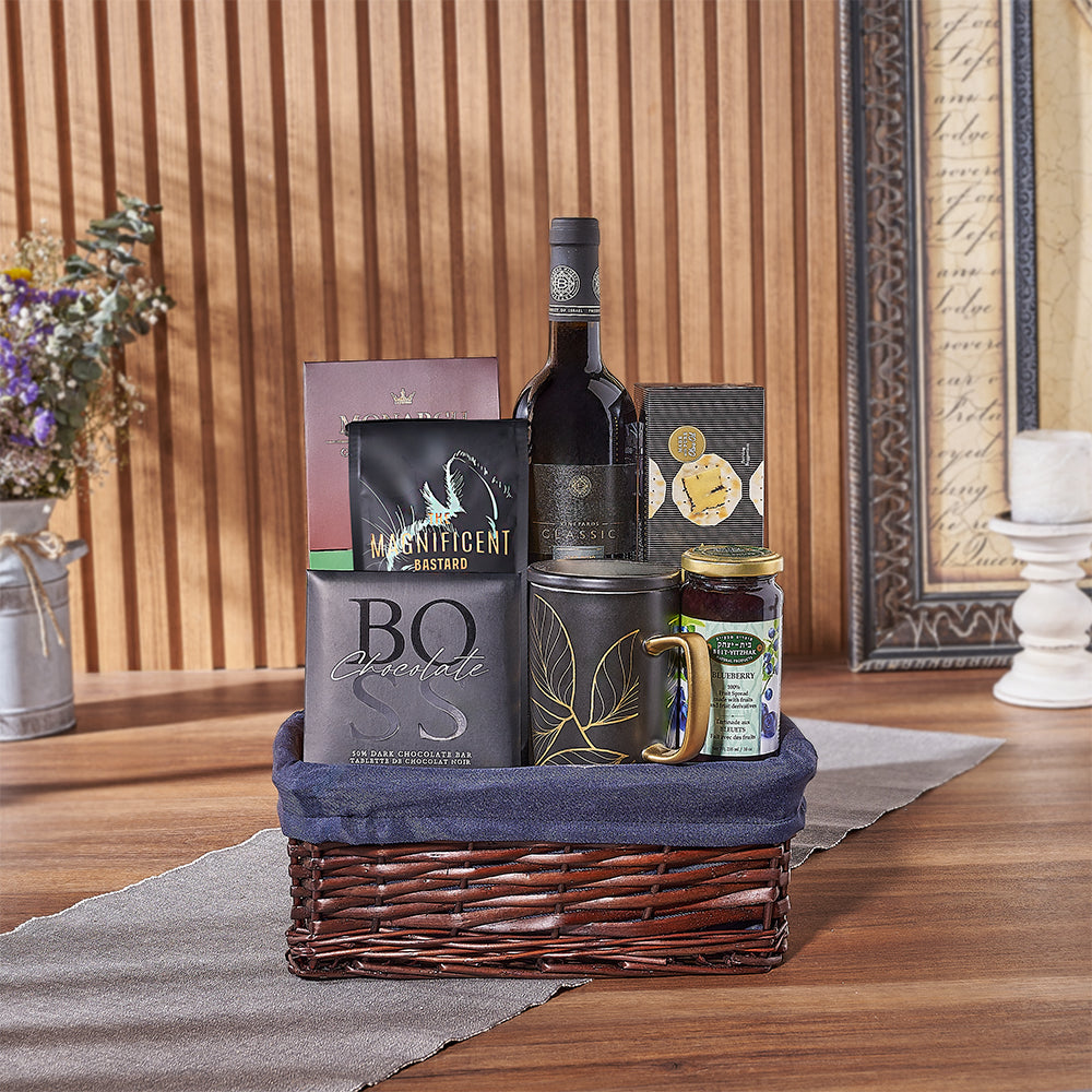Hanukkah Kosher Wine and Chocolate Basket – how the gift is presented