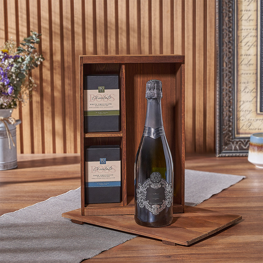 Kosher Sparkling Wine with Boss White and Dark Chocolate Pairing Gift – how the gift is presented