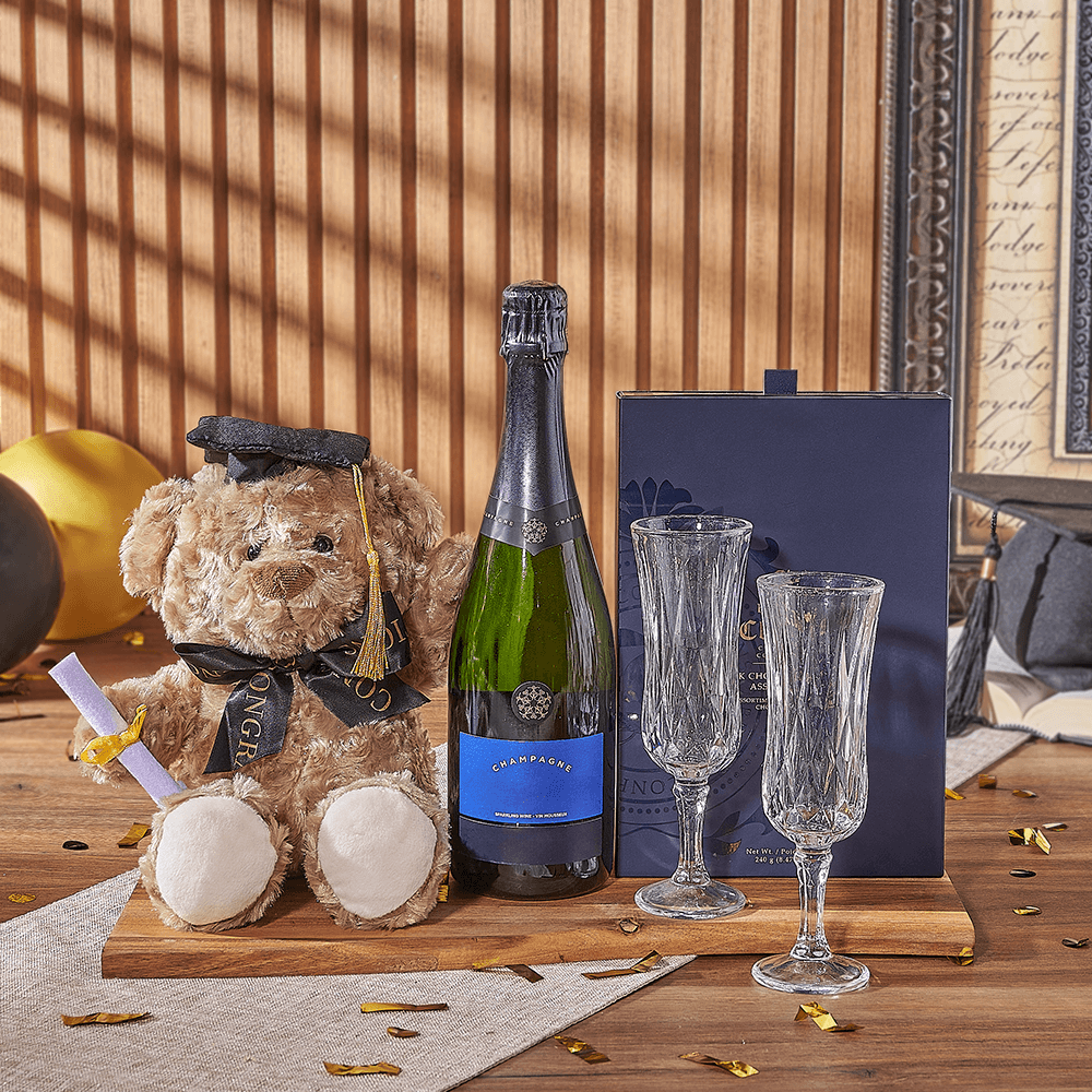 Graduation Sparkling Wine Gift with Plush Teddy Bear and Acacia Board – how the gift is presented