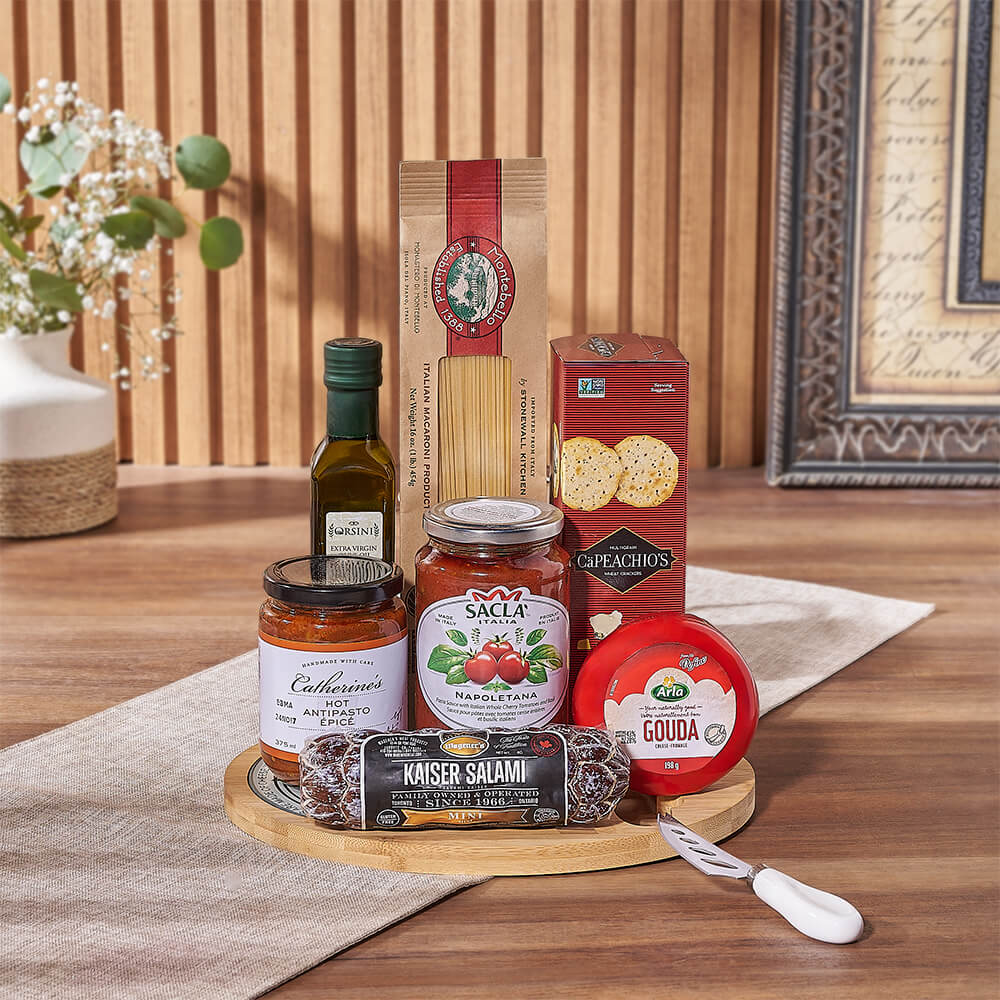 Montebello Pasta and Salami Gift Basket – how the gift is presented