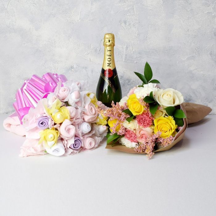 Baby Girl Bouquet Gift Set With Champagne From America Baskets - Champagne Gift Basket - America Delivery.