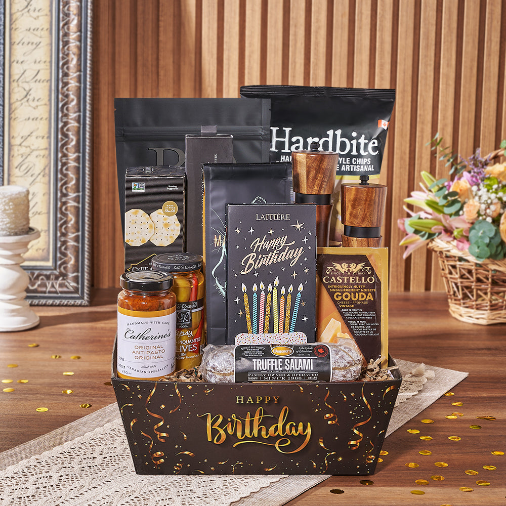 Deluxe Gourmet Birthday Gift Basket with Truffle Salami and Dark Chocolate – how the gift is presented