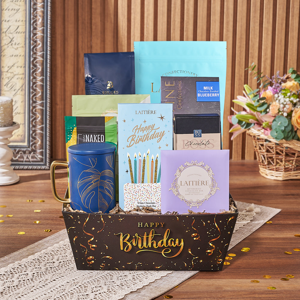 Birthday Market Tray Gift Featuring Coffee and Chocolate – how the gift is presented