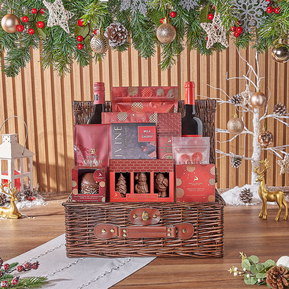 Two-Bottle Wine Gift Basket with Holiday Chocolates and Cookies – how the gift is presented