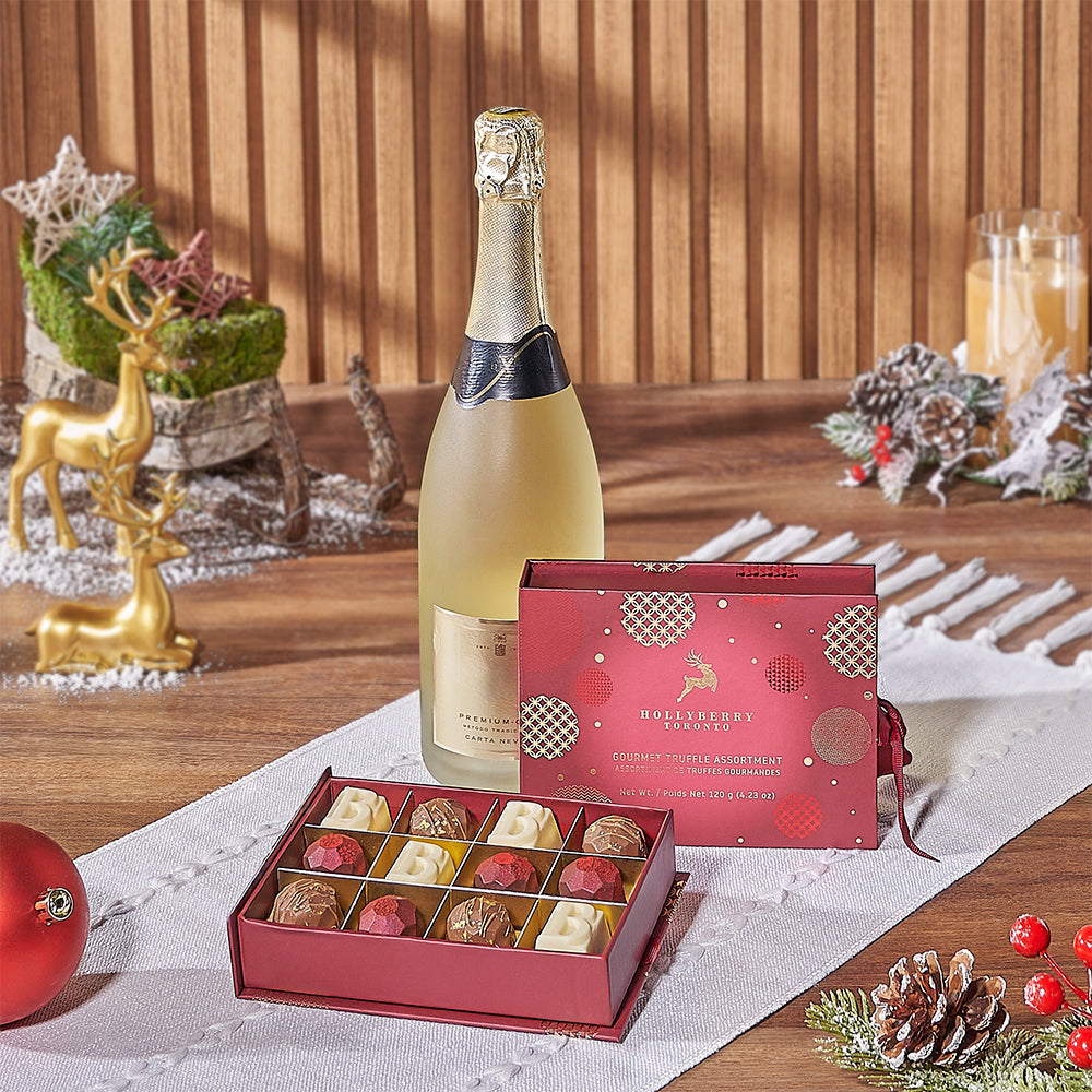 Holiday Sparkling Wine Gift Basket Featuring Assorted Chocolate Truffles – how the gift is presented