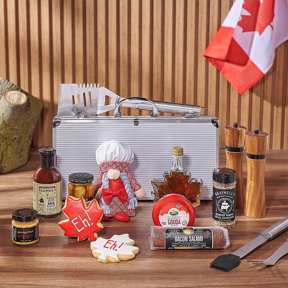 Canada Day Grill and Gourmet Gift Set with Plush Baker – how the gift is presented