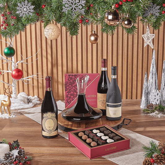 Christmas Wine & Decanter Gift, christmas gift, christmas, wine gift, wine, holiday gift, holiday, decanter gift, decanter, chocolate gift, chocolate, America delivery