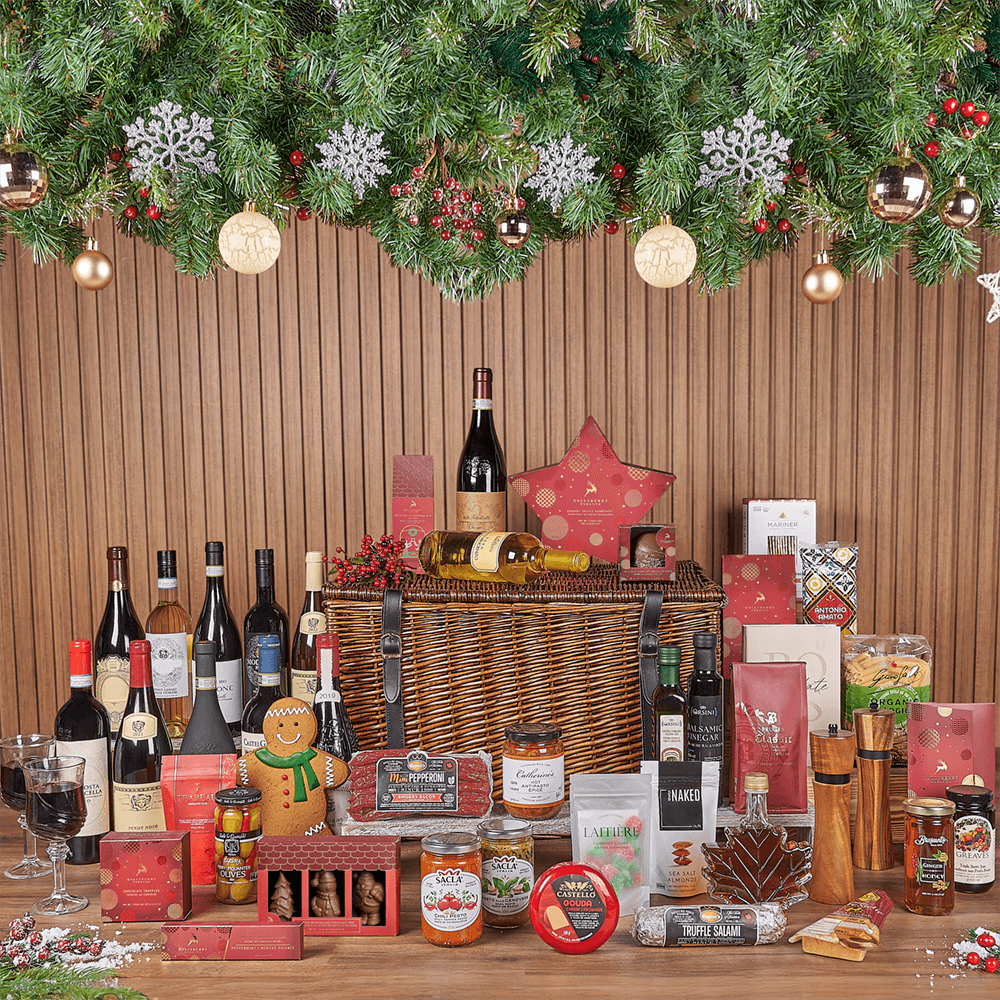 Christmas Wine & Treat Extravaganza Basket, christmas gift, christmas, wine gift, wine, chocolate gift, chocolate, America delivery