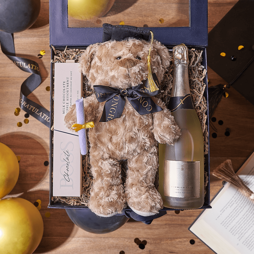 Deluxe Sparkling Wine Gift Box with Milk Chocolate Truffles and Graduation Bear – how the gift is presented