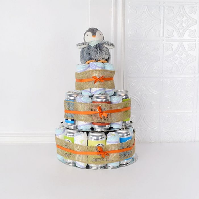Three-Tiered Craft Beer Gift Basket with Plush Penguin – how the gift is presented