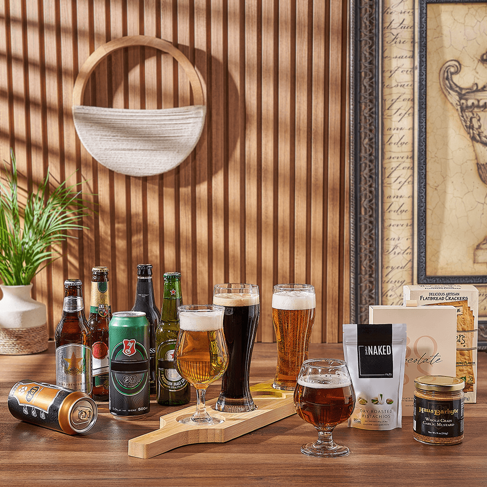Gourmet Beer Flight Gift Basket with Truffles and Crackers – how the gift is presented