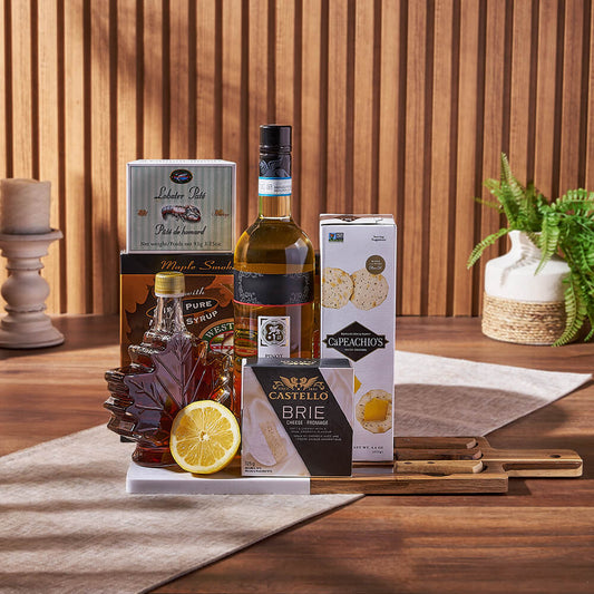 Deluxe Smoked Salmon & Citrus Gift Basket with Wine, wine gift, wine, gourmet gift, gourmet, cheese gift, cheese, cheese board gift, cheese board, America delivery