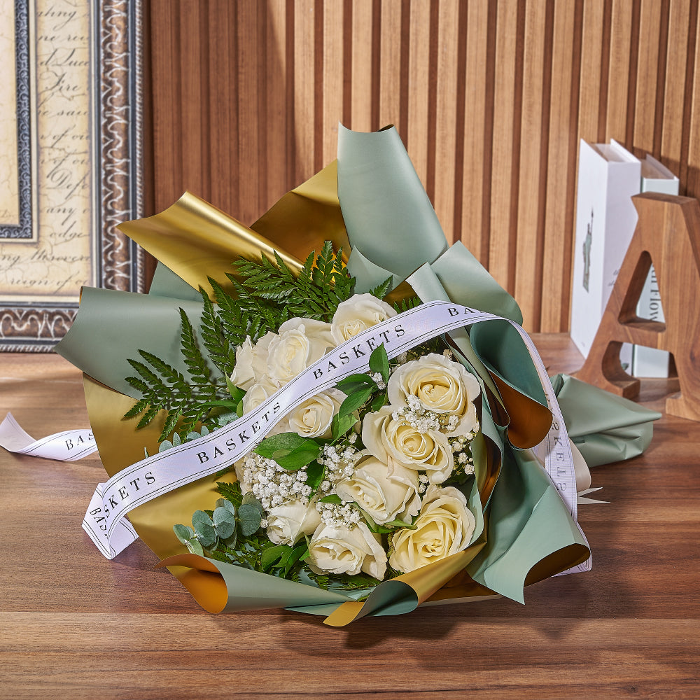 Twelve White Rose Floral Bouquet – how the gift is presented