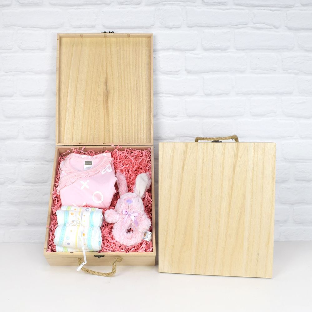 Baby Welcome Gift Basket Featuring Kushies Set and Bunny Rattle – how the gift is presented