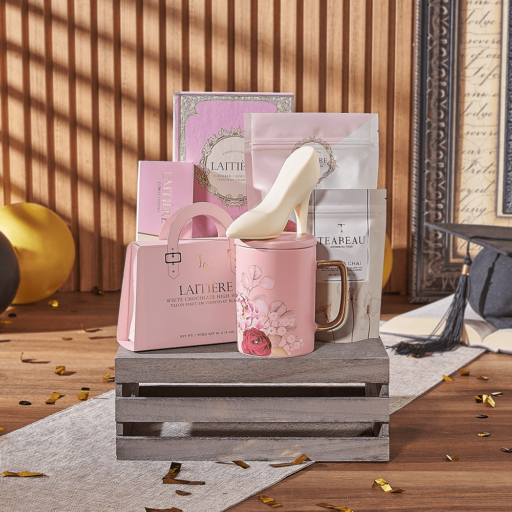 Wooden Crate of Graduation Sweets with Macarons and Tea – how the gift is presented
