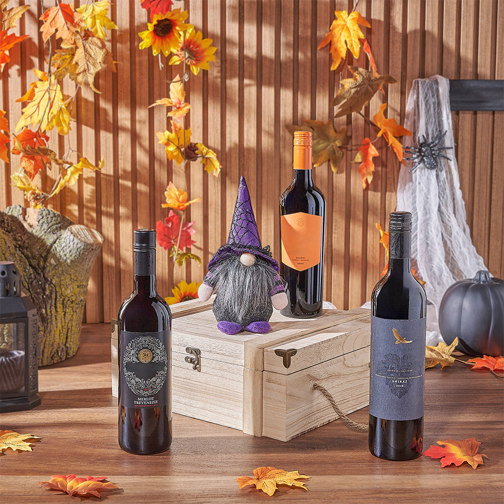 Wooden Wine Box Gift Basket with Three Wines and Themed Plush for Halloween – how the gift is presented