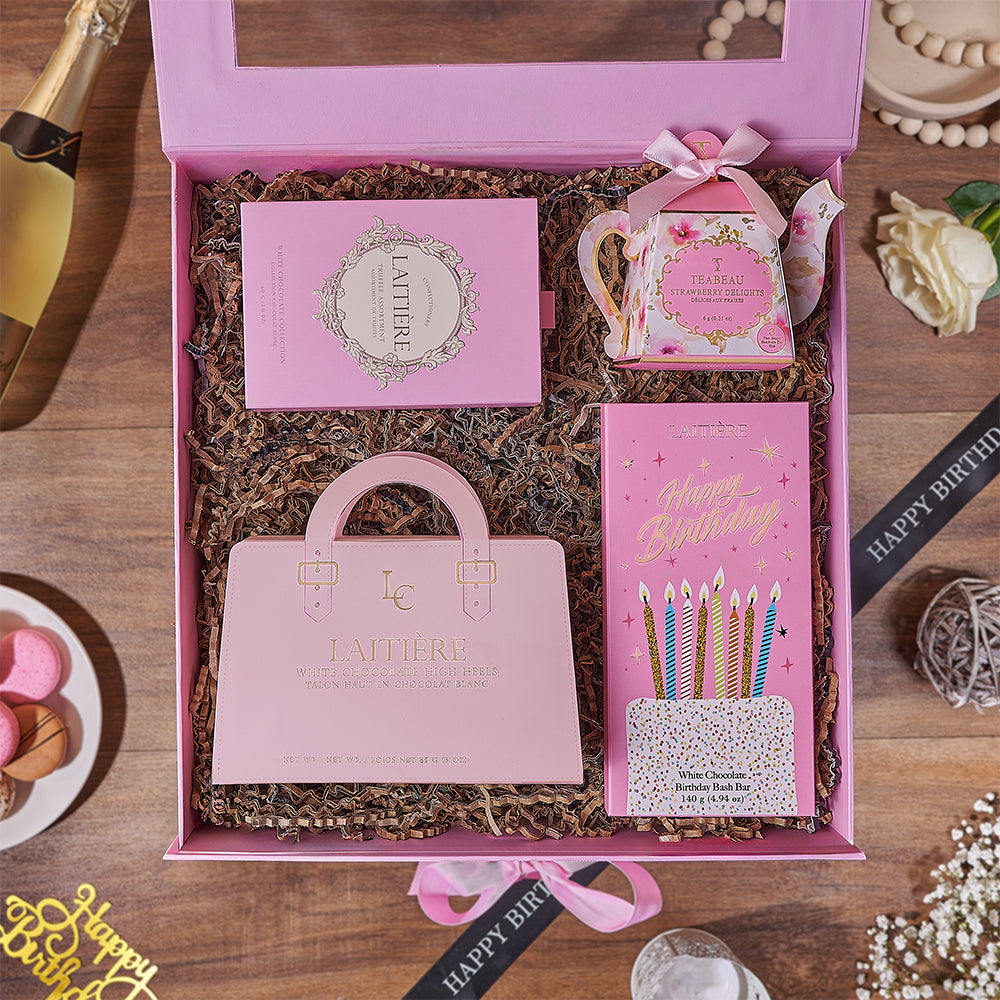 Deluxe White Chocolate Gift Box with Truffles and Birthday Bar – how the gift is presented
