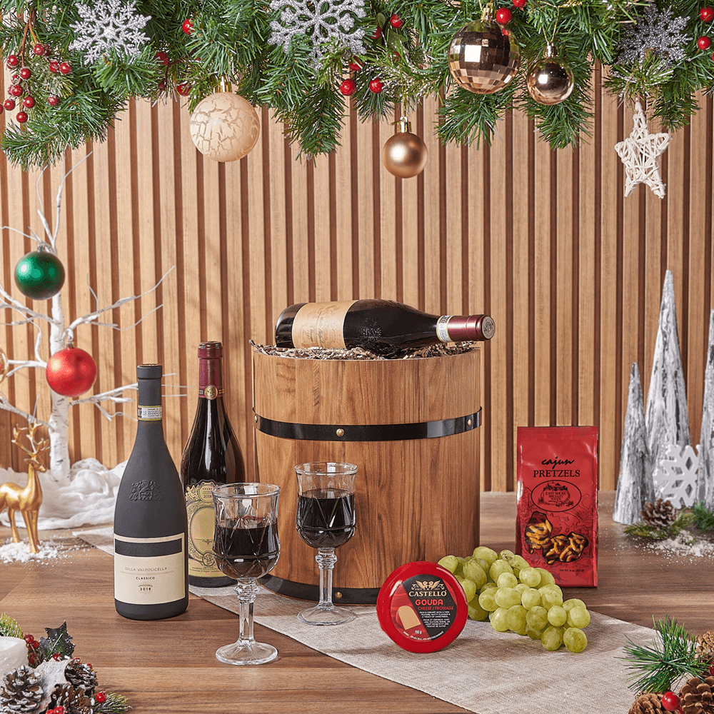 Holiday Fine Wine & Cheese Barrel, wine gift, wine, cheese gift, cheese, fruit gift, fruit, christmas gift, christmas, holiday gift, holiday, America delivery