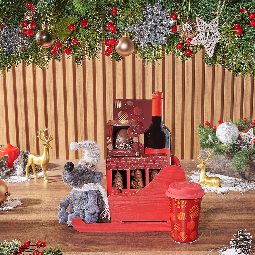 Wine and Hollyberry Chocolate Gift Basket – how the gift is presented
