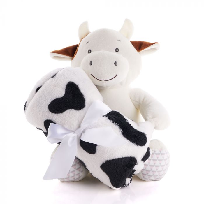 Hugging Plush Cow with Soft Cow Print Baby Blanket – how the gift is presented