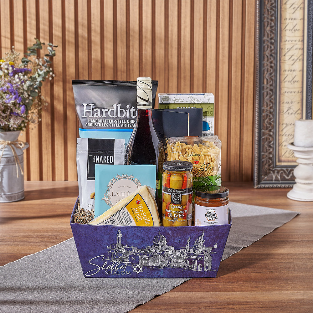 Hanukkah Gift Basket with Kosher Wine & Assorted Gourmet Snacks – how the gift is presented