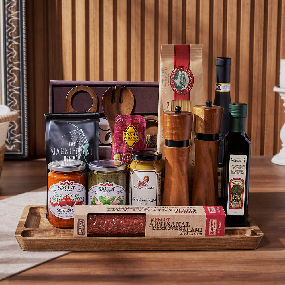 Celebration Wine Gift Basket with Pasta – how the gift is presented