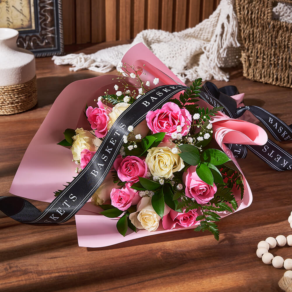 Tied Pink Rose and Baby's Breath Bouquet in Designer Wrap – how the gift is presented