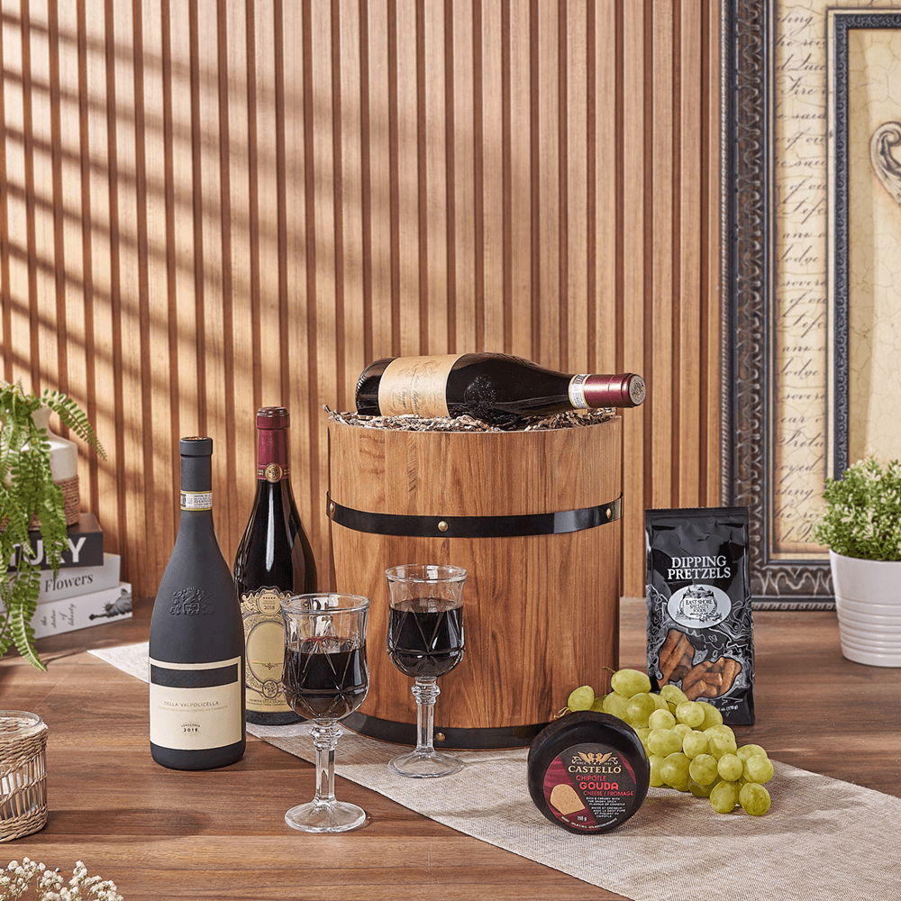Gourmet Wine Basket in Wooden Half Barrel with Cheese, Pretzels, and Grapes – how the gift is presented