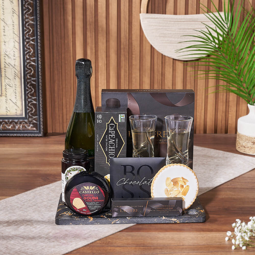 Premium Sparkling Wine Basket Including Decorative Flutes and Artisan Snacks – how the gift is presented