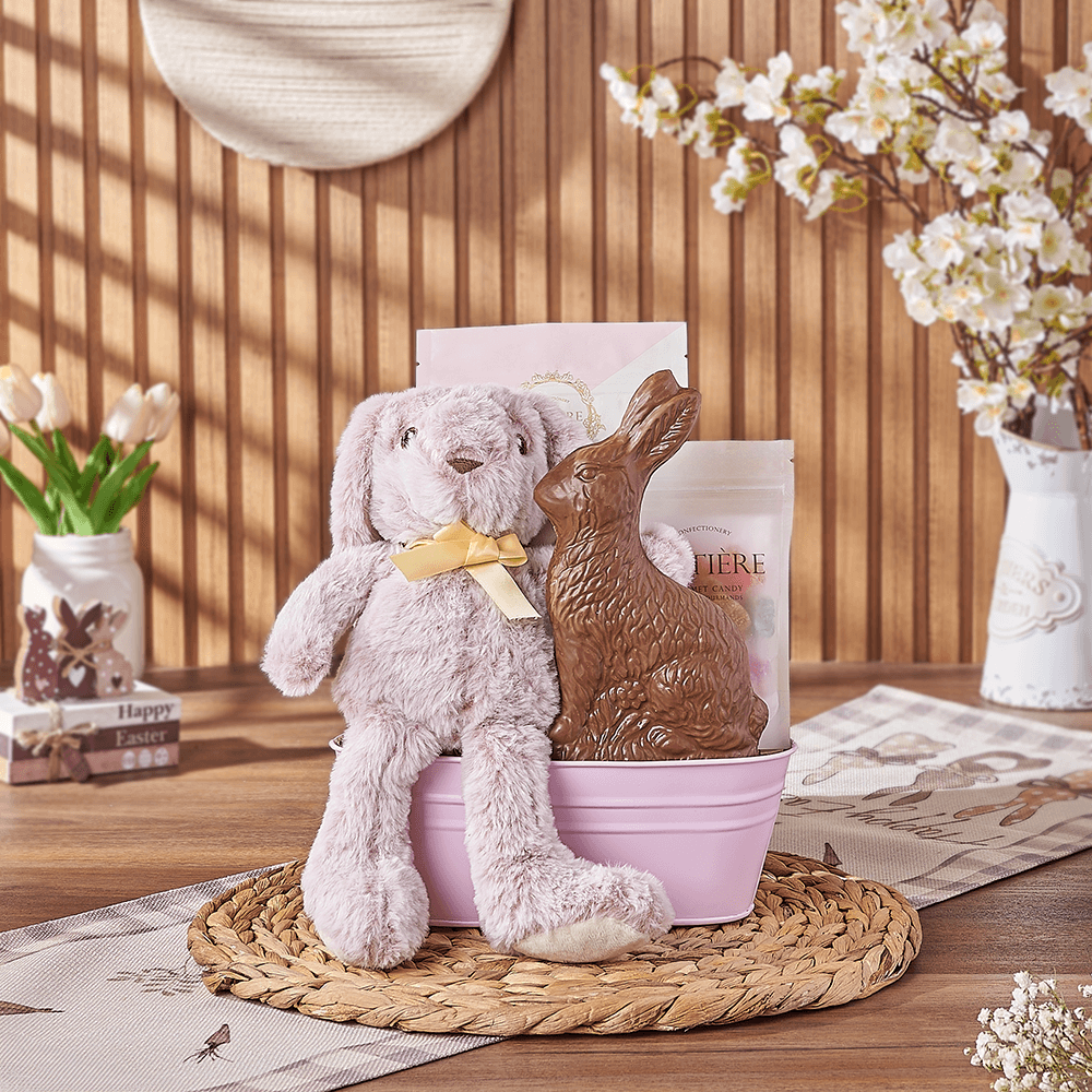 Pink Easter Bunny Gift Basket, chocolate gift, chocolate, easter gift, easter, America delivery