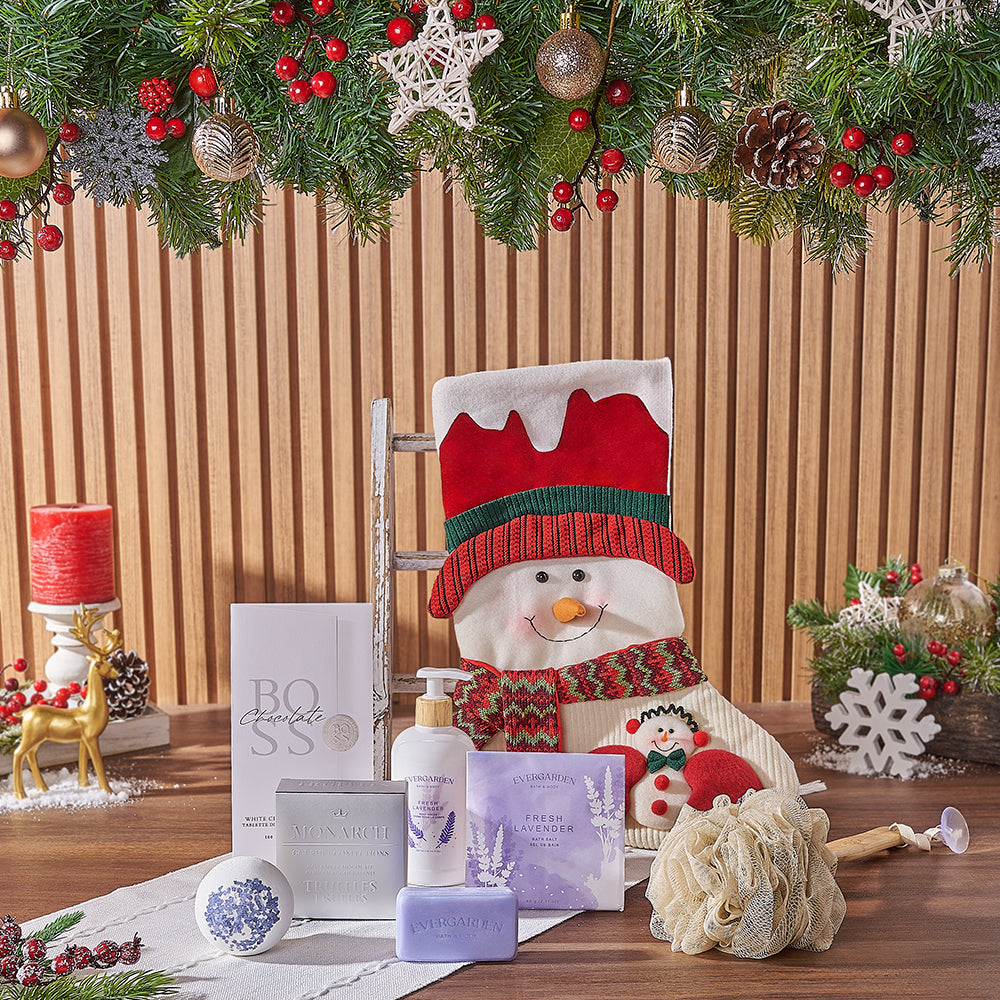 Snowman Spa Stocking Gift Set, spa gift, spa, chocolate gift, chocolate, christmas gift, christmas, America delivery