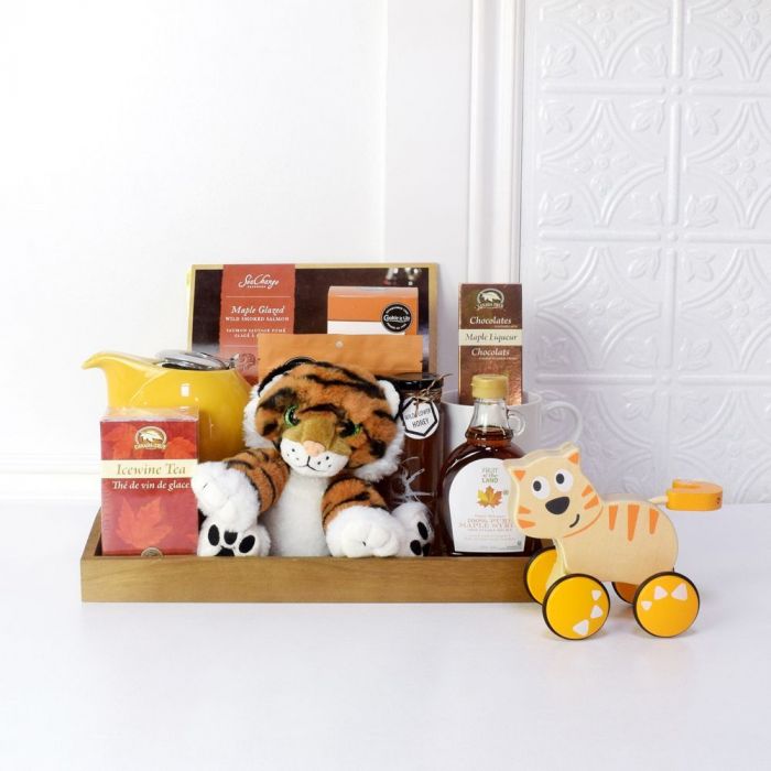 Baby Gift Basket Featuring Artisan Maple Products and Toddler Toys – how the gift is presented