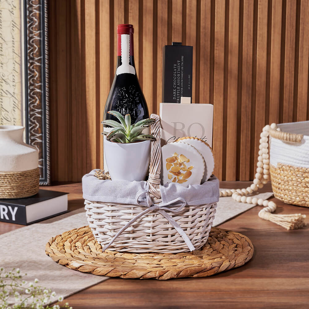 Sweet Succulent & Wine Gift Basket, wine gift, wine, chocolate gift, chocolate, plant gift, plant, America delivery