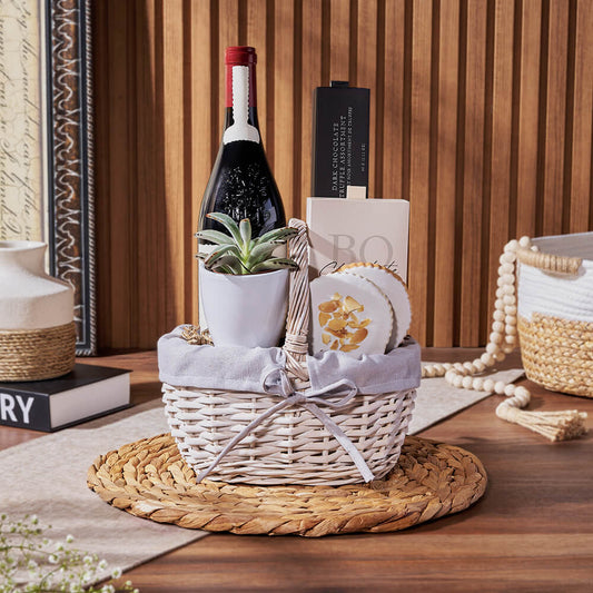 Sweet Succulent & Wine Gift Basket, wine gift, wine, chocolate gift, chocolate, plant gift, plant, America delivery