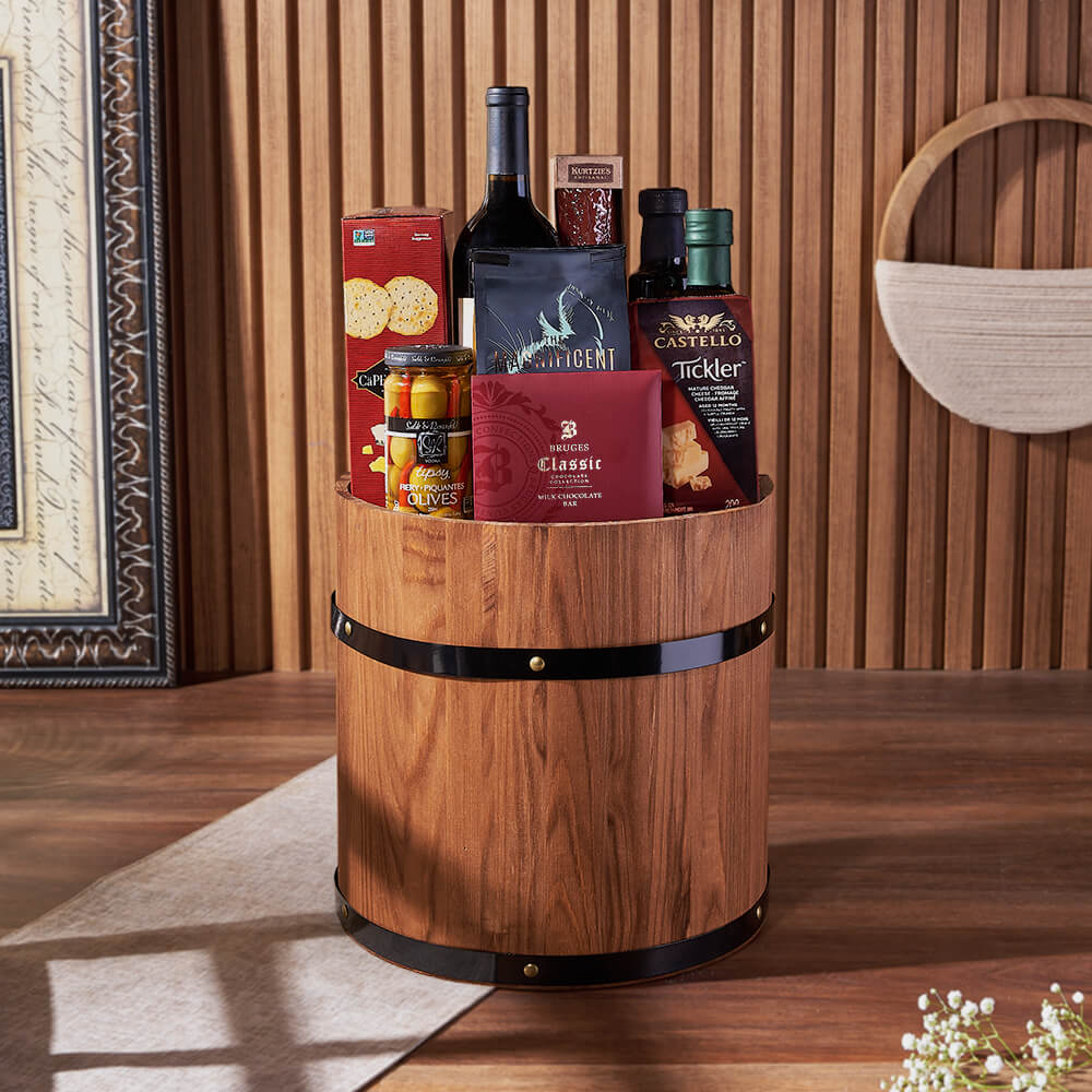 Ultimate Wine & Cheese Barrel, wine gift, wine, cheese gift, cheese, charcuterie gift, charcuterie, America delivery