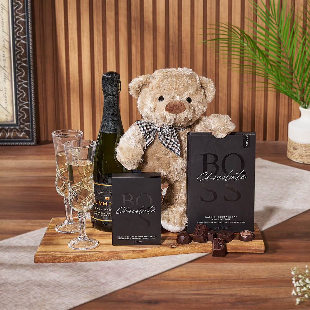 Plush Bear Gift Basket with Sparkling Wine and BOSS Chocolate Assortments – how the gift is presented