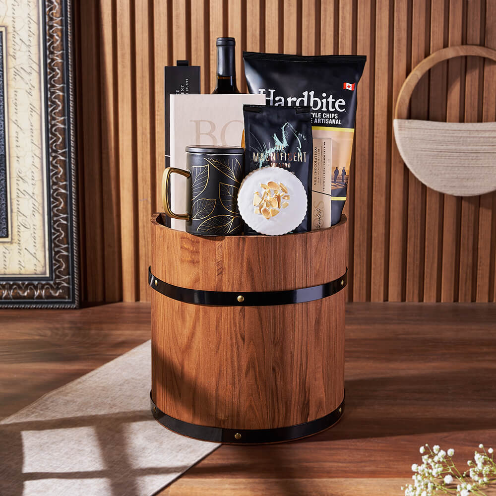 Wine Barrel Snack Gift Basket – how the gift is presented
