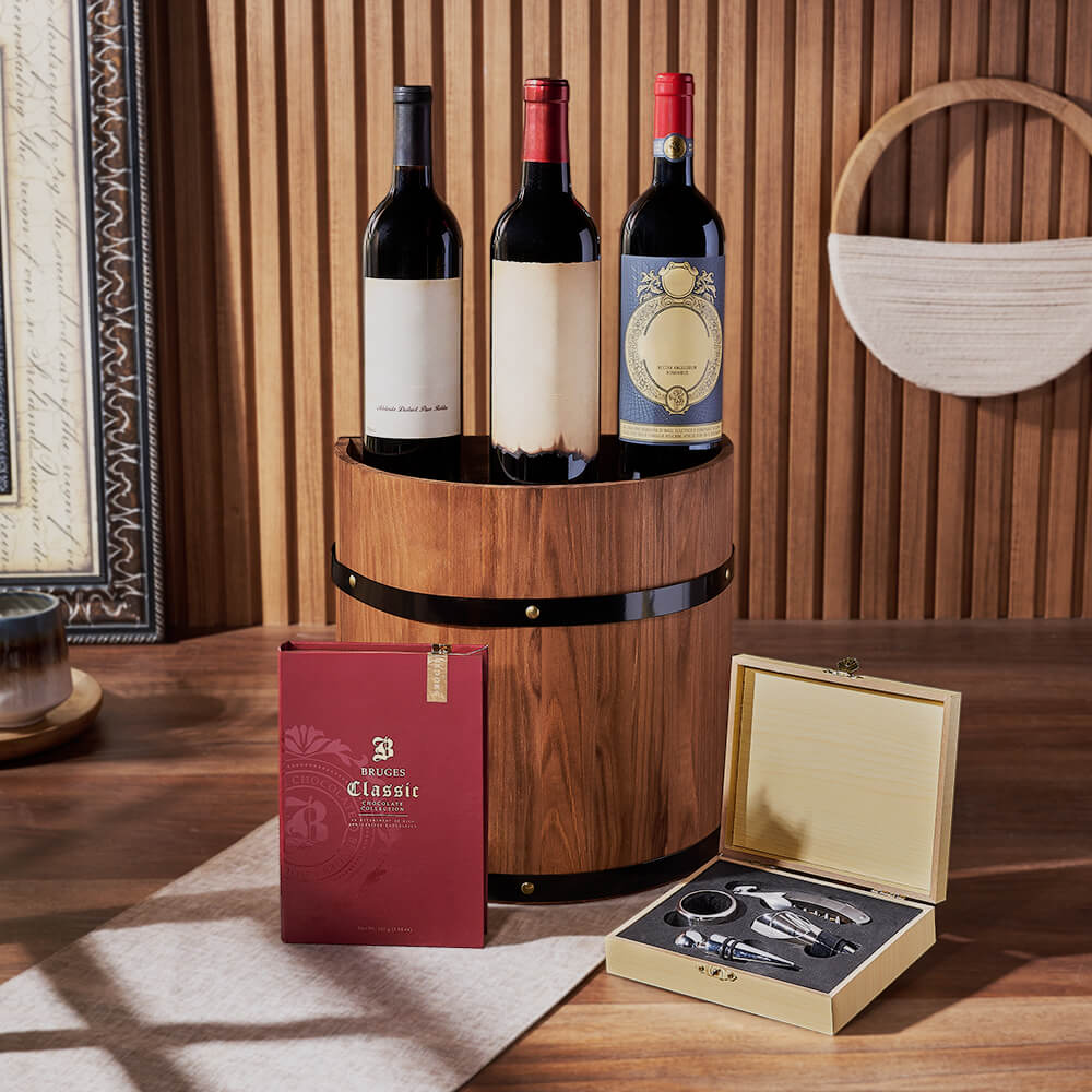 Wine Barrel Gift Set, wine gift, wine, wine trio gift, wine trio, chocolate gift, chocolate, America delivery