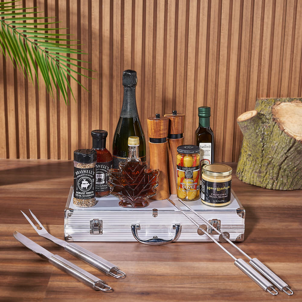 Sparkling Wine and Grill Tools Basket – how the gift is presented