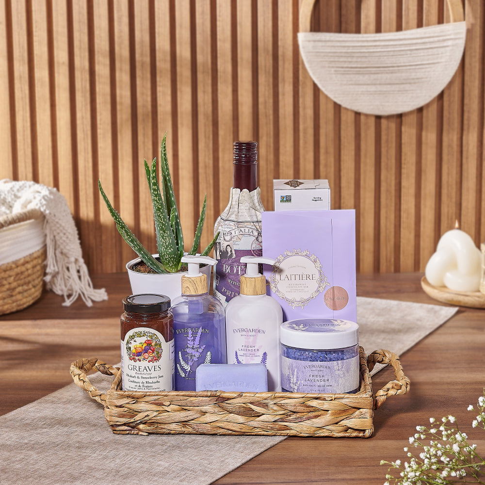 Lavender Wine Gift Basket with Succulent – how the gift is presented