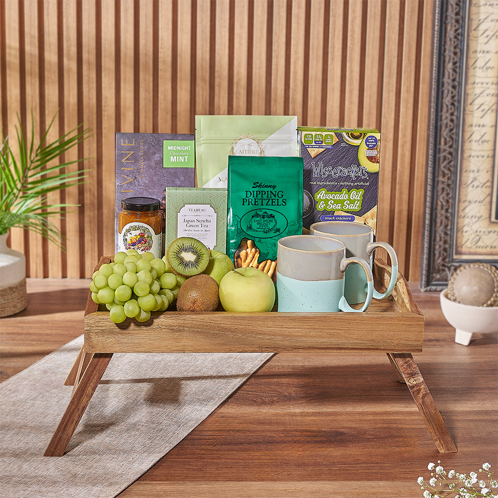 Acacia Wood Bed Tray with Snacks – how the gift is presented