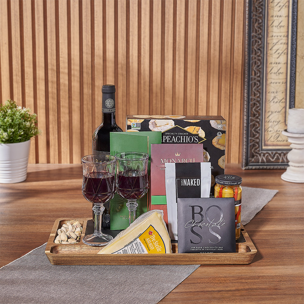 Kosher Wine Gift Basket Featuring Artisanal Snacks and Cheese – how the gift is presented