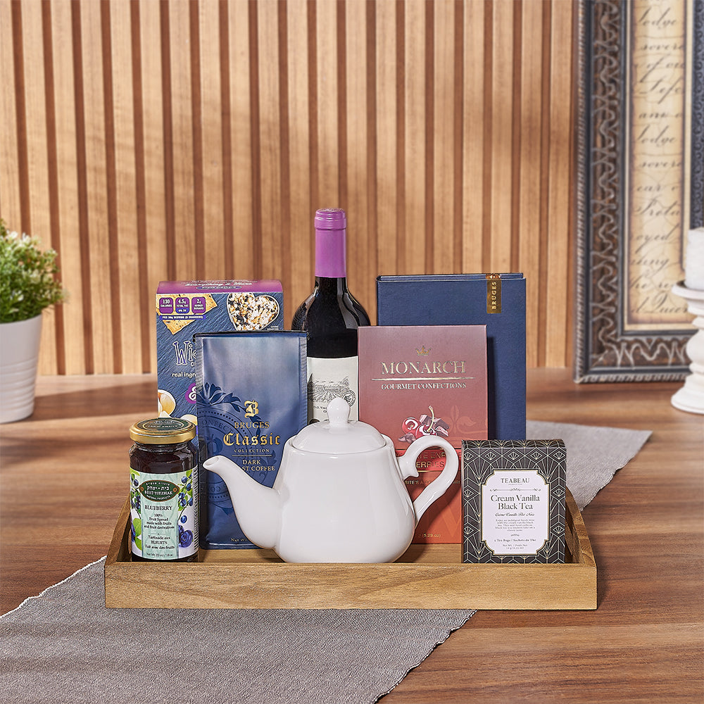 Deluxe Kosher Wine Gift Basket Featuring Crackers, Coffee, and Chocolates – how the gift is presented