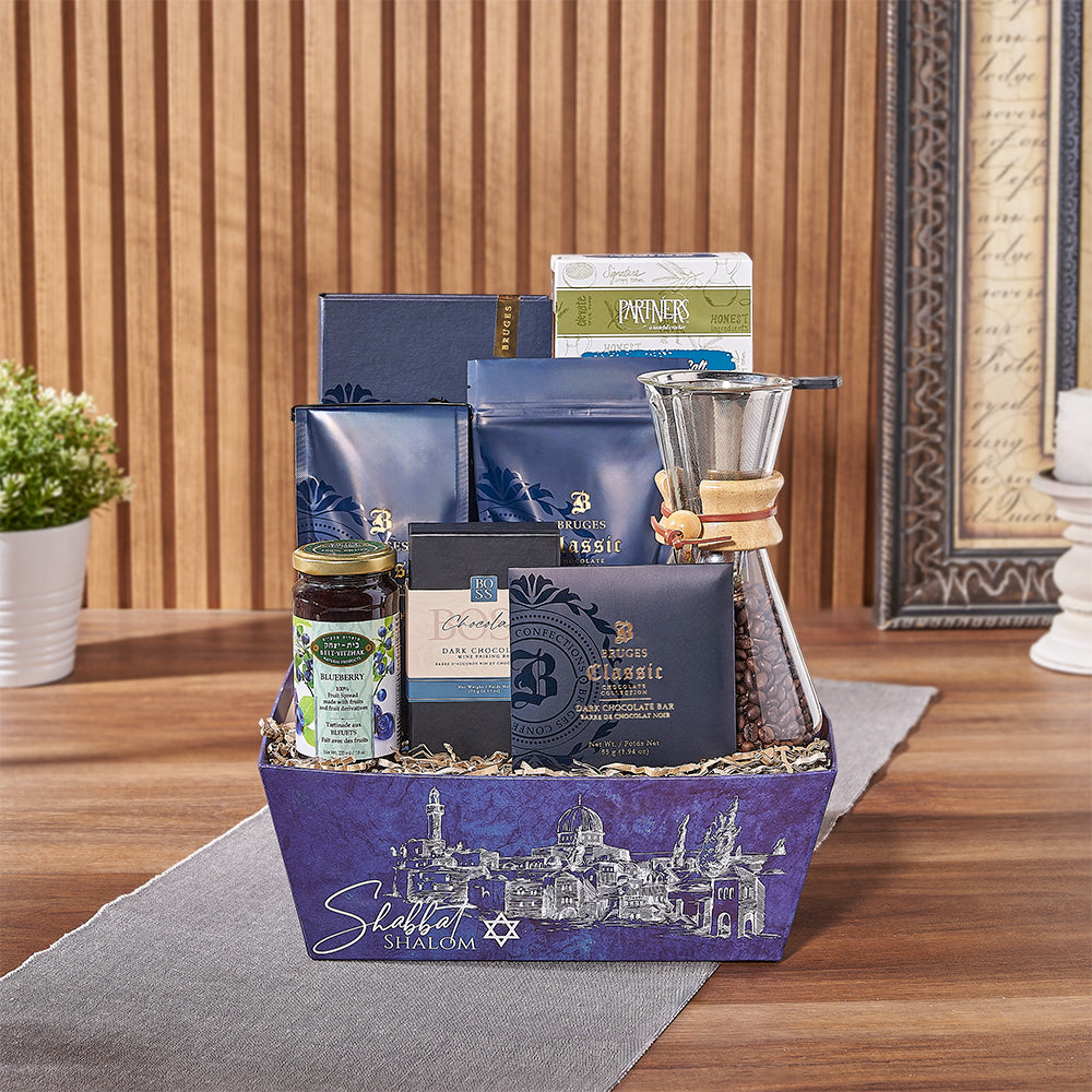 Kosher Gourmet Coffee and Chocolate Gift Basket in Blue Market Tray – how the gift is presented