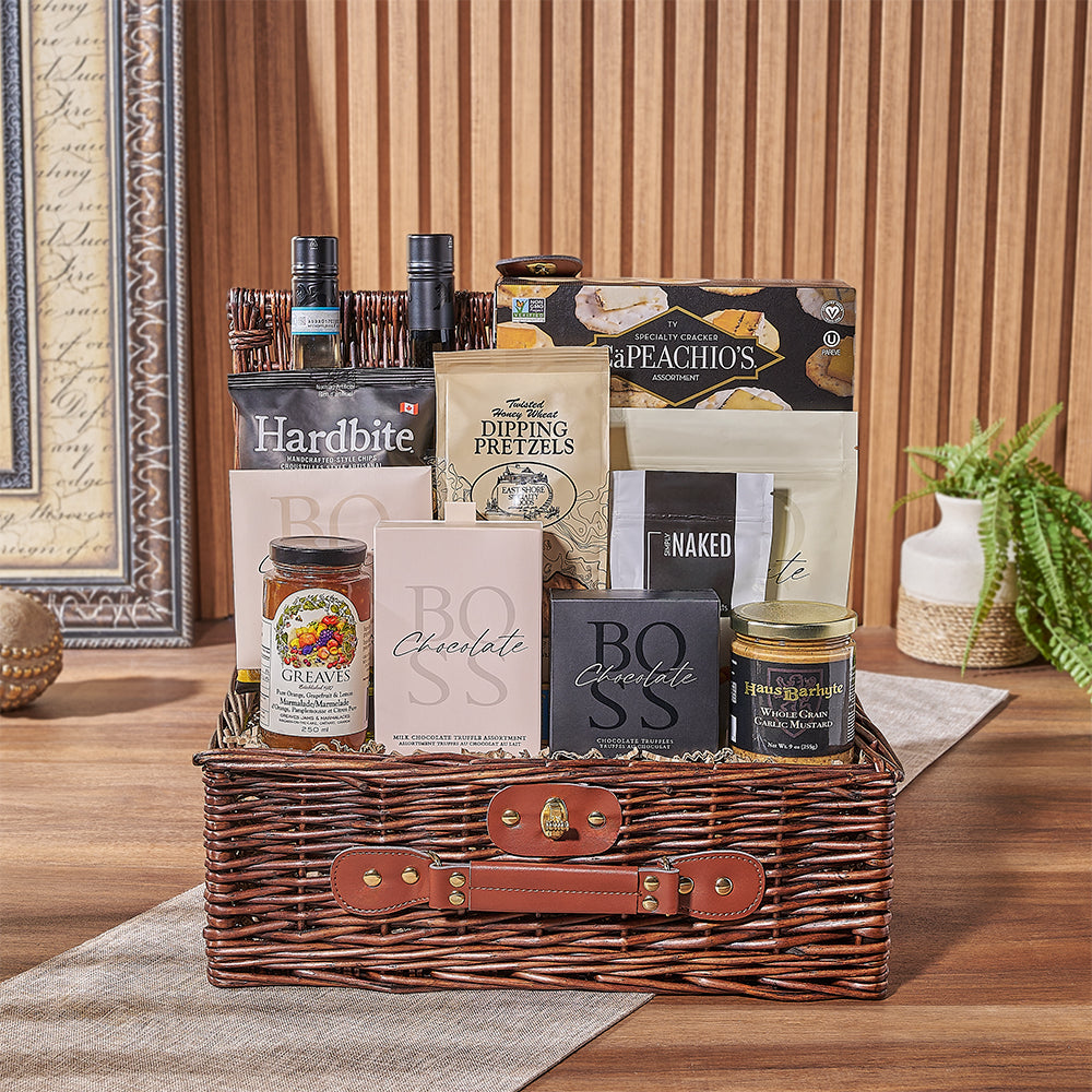 Two-Bottle Wine and Snack Gift Basket – how the gift is presented