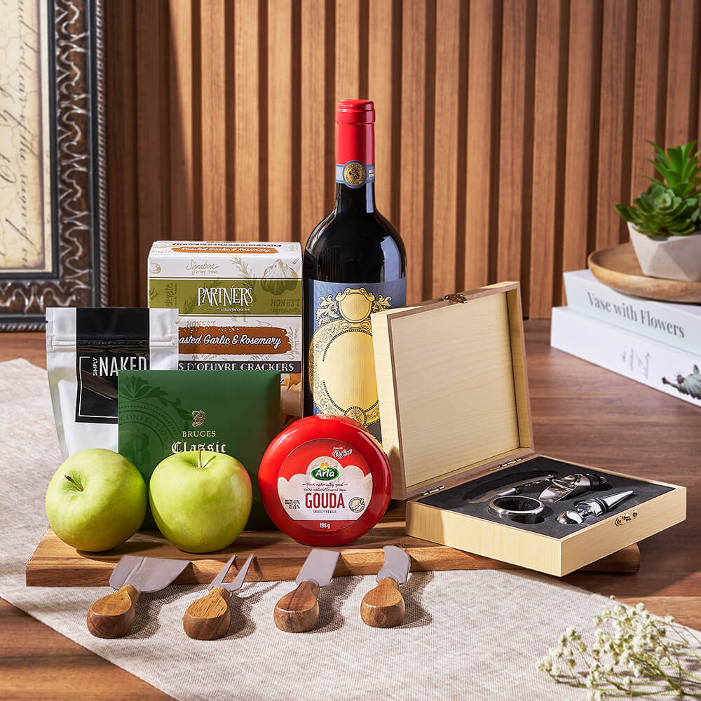 Apple, Cheese, & Wine Gift Basket from America Baskets - Wine Gift Set - America Delivery.