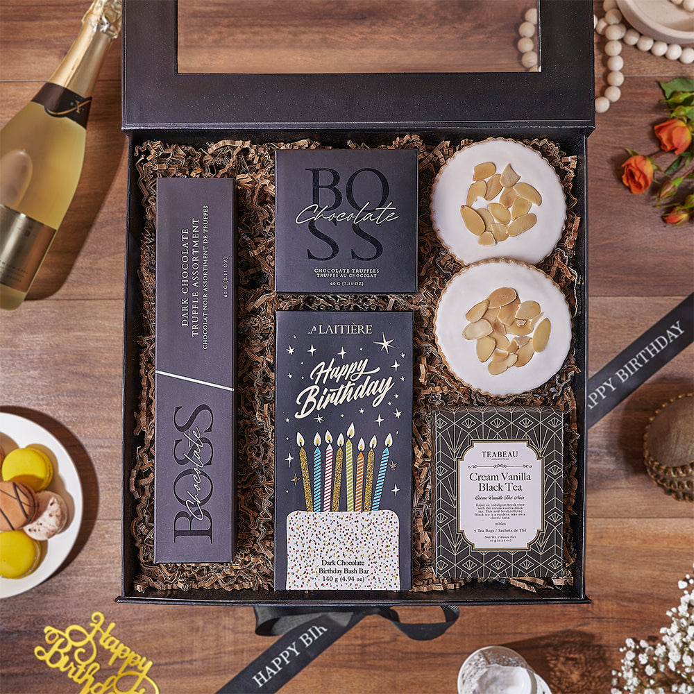 Birthday Bash Gourmet Dessert Gift Box with Almond Cookies and Tea – how the gift is presented