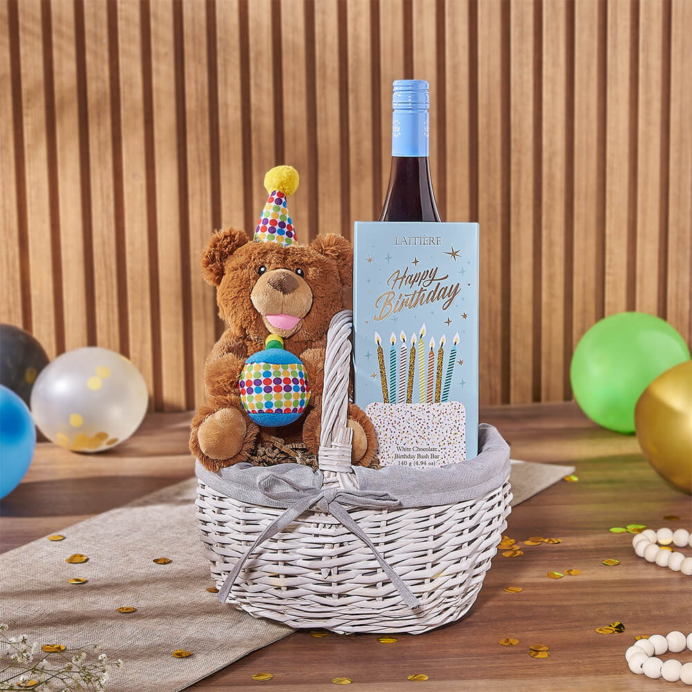 Birthday Wine &amp; Bear Gift Basket, wine gift, wine, birthday gift, birthday, chocolate gift, chocolate, America delivery